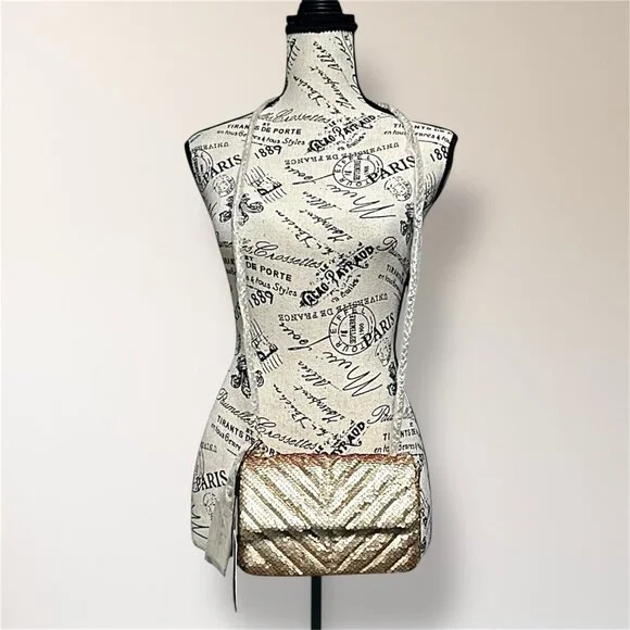 Nicole Miller Gold Sequin‎ Crossbody Bag Convertible Clutch Chain Holiday Party - Picture 4 of 12